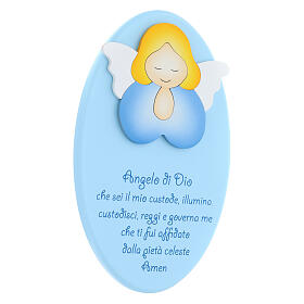 Enfeite oval azul com anjo de mãos juntas e oração ITA Azur Loppiano 22x15 cm