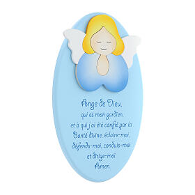 Oval blue ornament with blue reading angel, FRE prayer, Azur Loppiano, 9x6 in