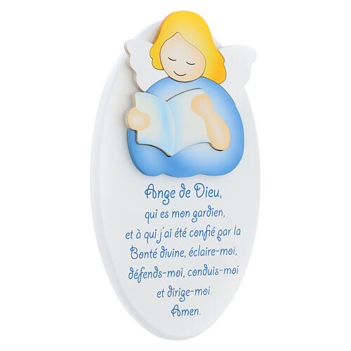 Obrazek Anioł Boży błękitny, tło białe, modlitwa j. francuski, Azur drewno 22x14 cm 2