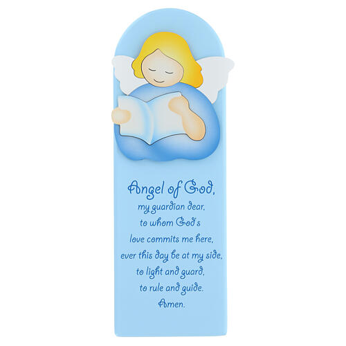 Blue picture of reading angel with ENG prayer, wood, Azur Loppiano, 12x4 in 1