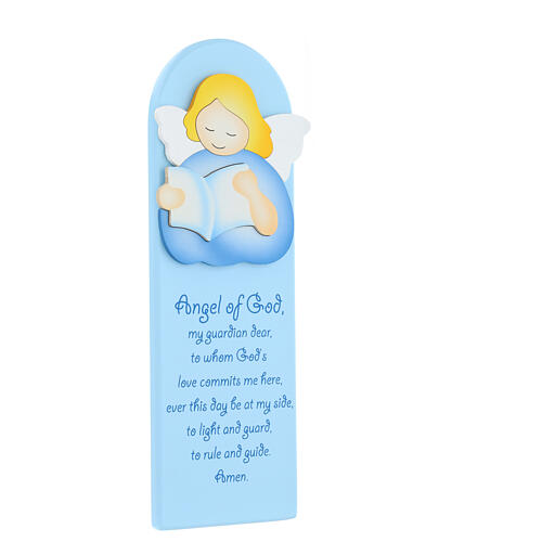 Blue picture of reading angel with ENG prayer, wood, Azur Loppiano, 12x4 in 2