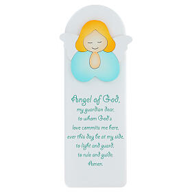 White picture of green praying angel with ENG prayer, wood, Azur Loppiano, 12x4 in