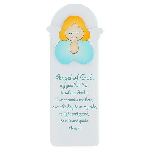 White picture of green praying angel with ENG prayer, wood, Azur Loppiano, 12x4 in 1