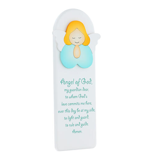 White picture of green praying angel with ENG prayer, wood, Azur Loppiano, 12x4 in 2