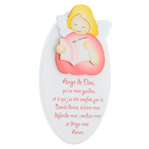Oval ornament with pink reading angel, FRE prayer, Azur Loppiano, 9x6 in 2