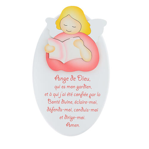 Obrazek modlitwa j. francuski, tło białe, Anioł Boży różowy książka, Azur 22x14 cm 1