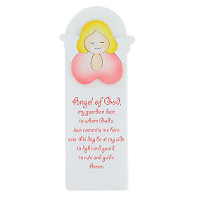 White picture of pink praying angel with ENG prayer, wood, Azur Loppiano, 12x4 in