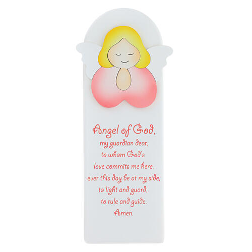 White picture of pink praying angel with ENG prayer, wood, Azur Loppiano, 12x4 in 1