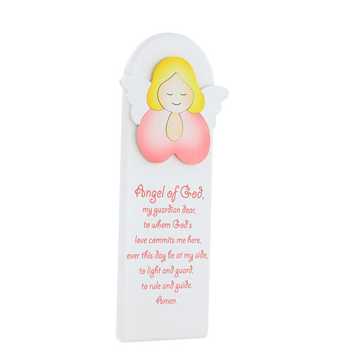 White picture of pink praying angel with ENG prayer, wood, Azur Loppiano, 12x4 in 2