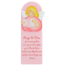 Pink picture of pink reading angel with FRE prayer, wood, Azur Loppiano, 12x4 in