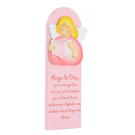 Pink picture of pink reading angel with FRE prayer, wood, Azur Loppiano, 12x4 in