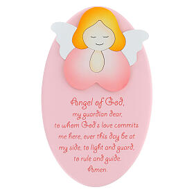 Enfeite oval cor-de-rosa com anjo de mãos juntas e oração ING Azur Loppiano 22x14 cm