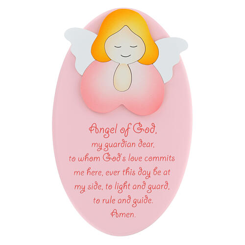 Enfeite oval cor-de-rosa com anjo de mãos juntas e oração ING Azur Loppiano 22x14 cm 1