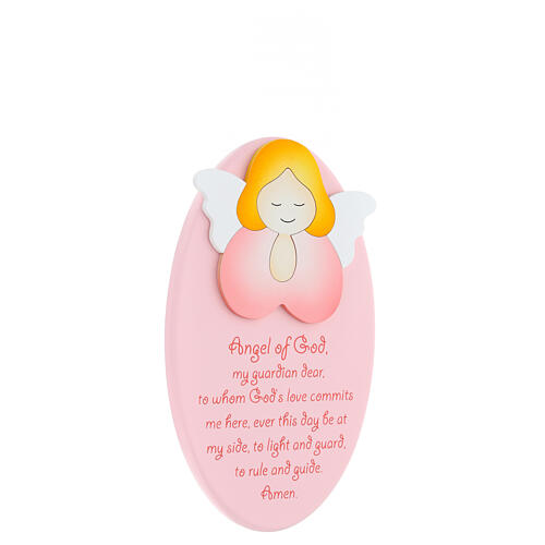 Enfeite oval cor-de-rosa com anjo de mãos juntas e oração ING Azur Loppiano 22x14 cm 2