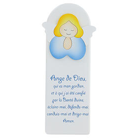 White picture of blue praying angel with FRE prayer, wood, Azur Loppiano, 12x4 in