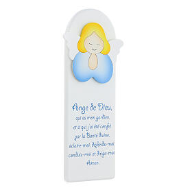 White picture of blue praying angel with FRE prayer, wood, Azur Loppiano, 12x4 in