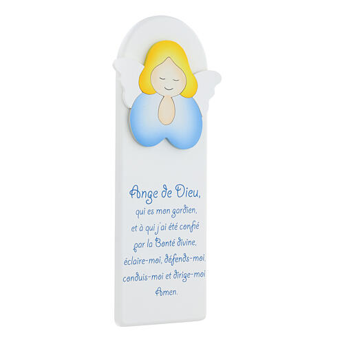 White picture of blue praying angel with FRE prayer, wood, Azur Loppiano, 12x4 in 2