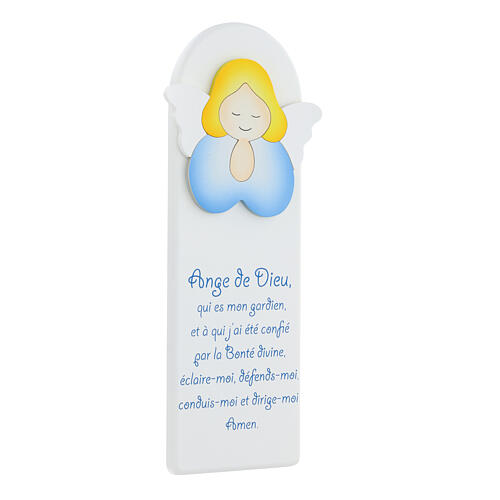 Enfeite de parede branco com anjo azul orando e oração FRA madeira Azur Loppiano 30x10 cm 2