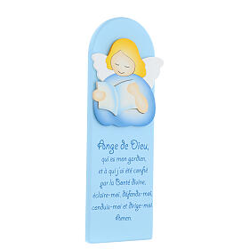 Blue picture of blue reading angel with FRE prayer, wood, Azur Loppiano, 12x4 in