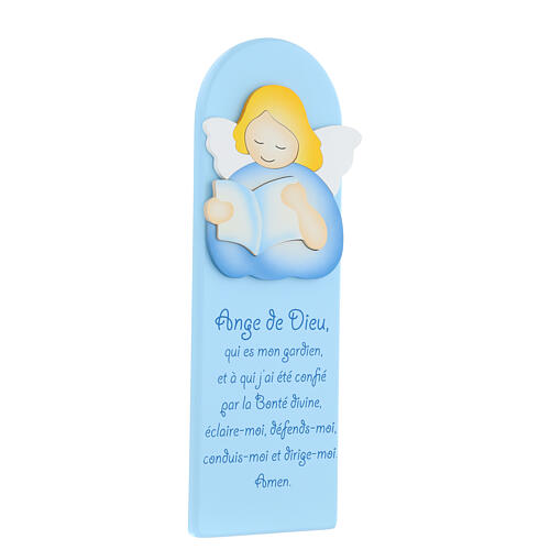 Blue picture of blue reading angel with FRE prayer, wood, Azur Loppiano, 12x4 in 2