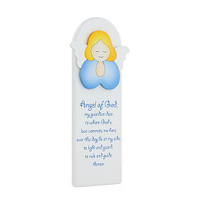 White picture of blue praying angel with ENG prayer, wood, Azur Loppiano, 12x4 in