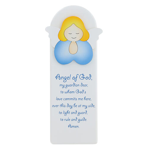 White picture of blue praying angel with ENG prayer, wood, Azur Loppiano, 12x4 in 1