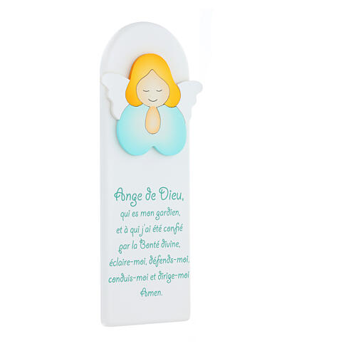 White picture of green praying angel with FRE prayer, wood, Azur Loppiano, 12x4 in 2