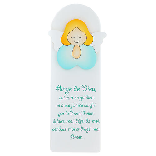 Enfeite de parede branco com anjo verde orando e oração FRA madeira Azur Loppiano 30x10 cm 1