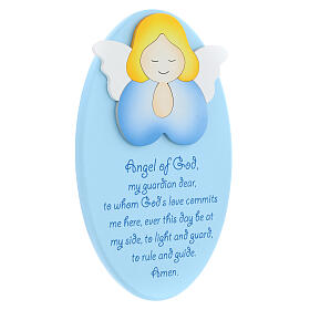 Oval blue ornament with blue praying angel, ENG prayer, Azur Loppiano, 9x6 in