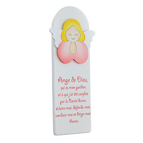 White picture of pink praying angel with FRE prayer, wood, Azur Loppiano, 12x4 in