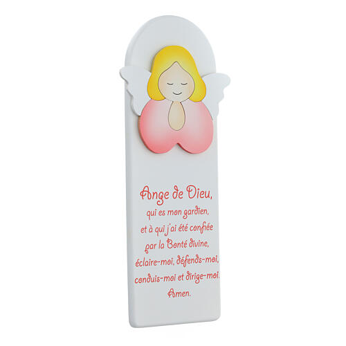 White picture of pink praying angel with FRE prayer, wood, Azur Loppiano, 12x4 in 2