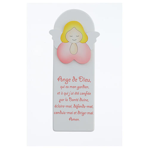 Obrazek podłużny Anioł Boży różowy, modlitwa j. francuski, tło białe 30x10 cm 1