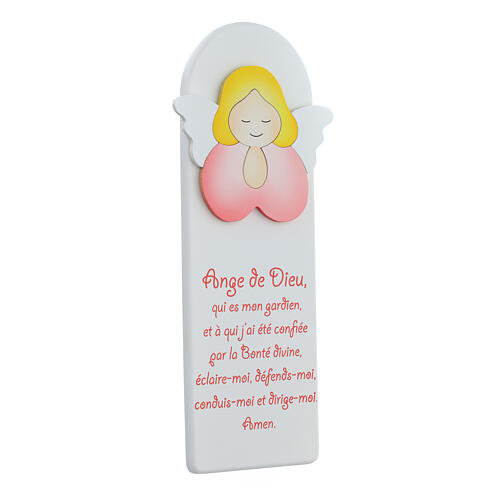 Enfeite de parede branco com anjo cor-de-rosa orando e oração FRA madeira Azur Loppiano 30x10 cm 2