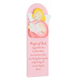 Pink picture of pink reading angel with ENG prayer, wood, Azur Loppiano, 12x4 in