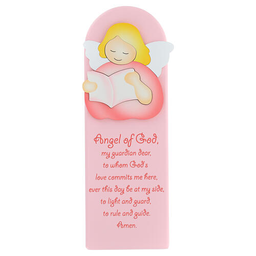 Pink picture of pink reading angel with ENG prayer, wood, Azur Loppiano, 12x4 in 1