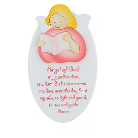 Oval ornament with pink reading angel, ENG prayer, Azur Loppiano, 9x6 in