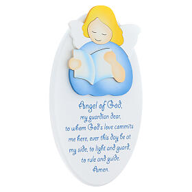 Oval ornament with blue reading angel, ENG prayer, Azur Loppiano, 9x6 in