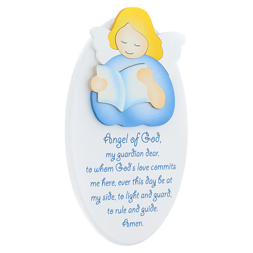 Oval ornament with blue reading angel, ENG prayer, Azur Loppiano, 9x6 in 2