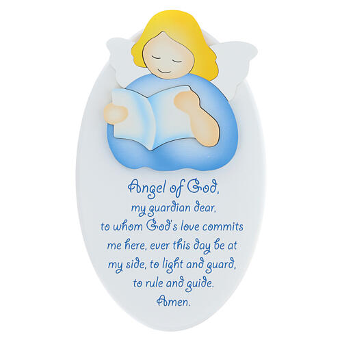 Anioł Boży błękitny, modlitwa j. angielski, obrazek owalny tło białe 22x14 cm 1