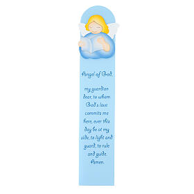 Blue painting of reading angel with ENG prayer, wood, Azur Loppiano, 24x5 in
