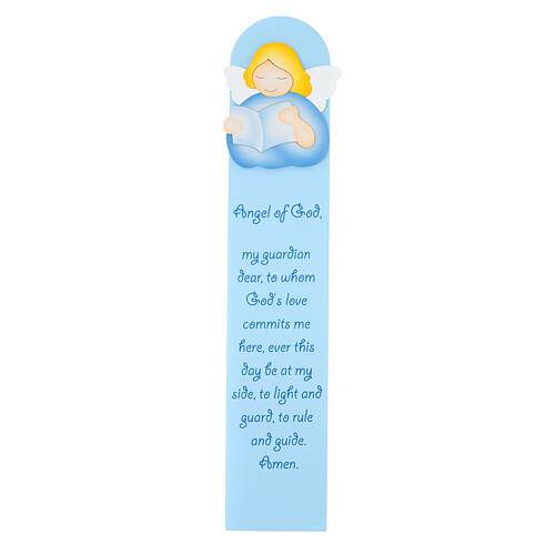 Blue painting of reading angel with ENG prayer, wood, Azur Loppiano, 24x5 in 1