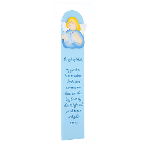 Blue painting of reading angel with ENG prayer, wood, Azur Loppiano, 24x5 in 2