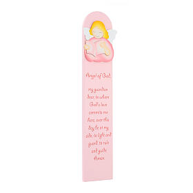 Pink painting of reading angel with ENG prayer, wood, Azur Loppiano, 24x5 in