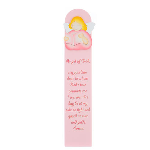 Pink painting of reading angel with ENG prayer, wood, Azur Loppiano, 24x5 in 1