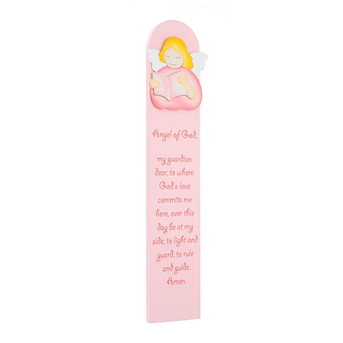 Pink painting of reading angel with ENG prayer, wood, Azur Loppiano, 24x5 in 2
