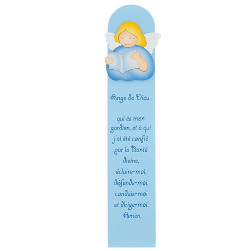Blue painting of reading angel with FRE prayer, wood, Azur Loppiano, 24x5 in 1