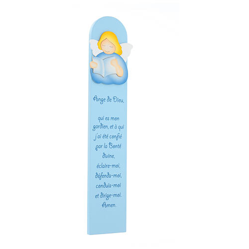 Blue painting of reading angel with FRE prayer, wood, Azur Loppiano, 24x5 in 2