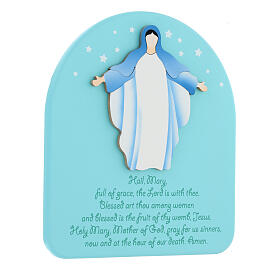 Light blue painting with Our Lady and Hail Mary in ENG, Azur Loppiano, 9x8 in