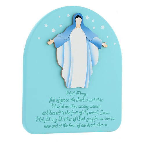 Light blue painting with Our Lady and Hail Mary in ENG, Azur Loppiano, 9x8 in 2