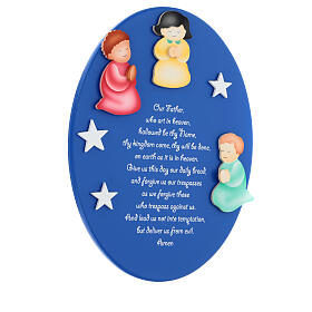 Oval blue wooden ornament with ENG Our Father prayer and angels, Azur Loppiano, 12x9 in